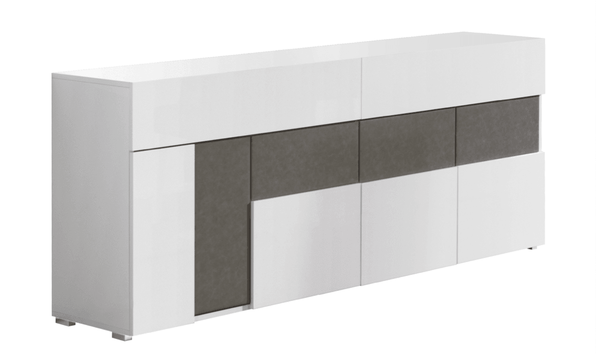 Collezione Lux Buffet in Laqour bianco lucido e pelle sintetica tortora