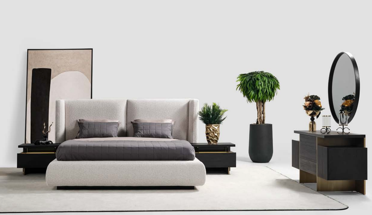Collezione Eva imbottita KS + 2 NS LED+ Comò in tessuto beige
