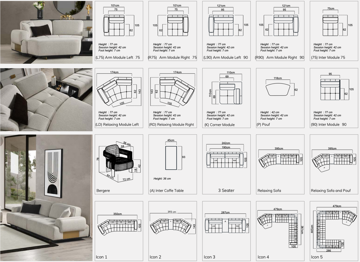 Divano in tessuto Icon 6 pezzi beige
