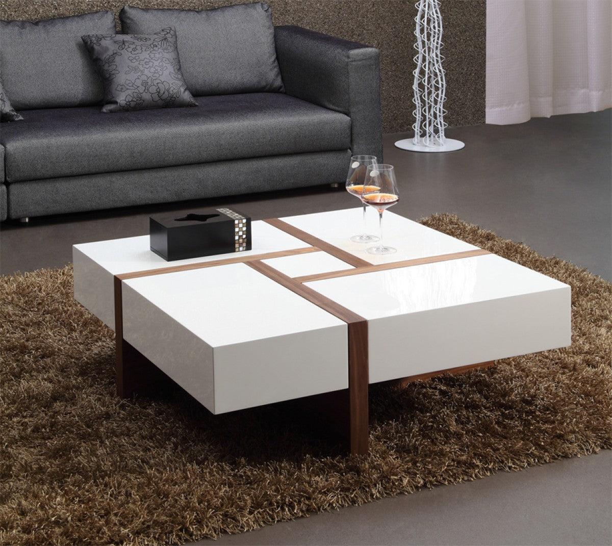 Tavolino da caffè quadrato Malibu Modern bianco e noce