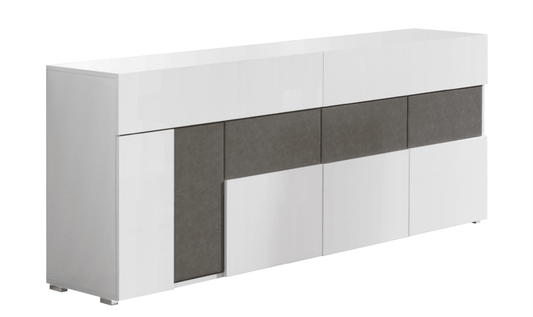 Collezione Lux Buffet in Laqour bianco lucido e pelle sintetica tortora