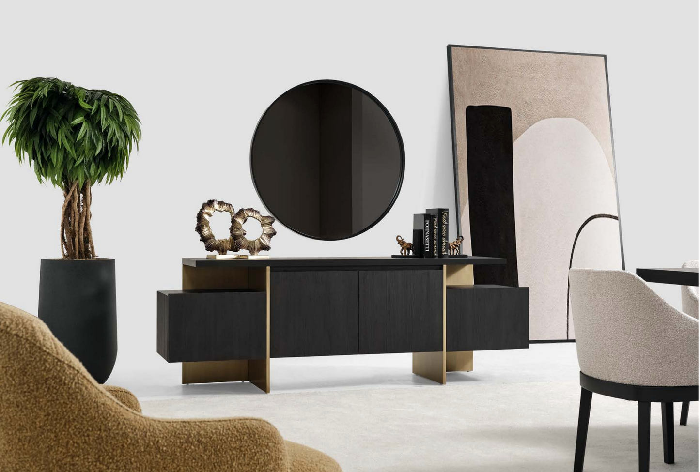 Collezione Eva imbottita KS + 2 NS LED+ Comò in tessuto beige
