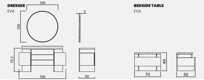Collezione Eva imbottita KS + 2 NS LED+ Comò in tessuto beige