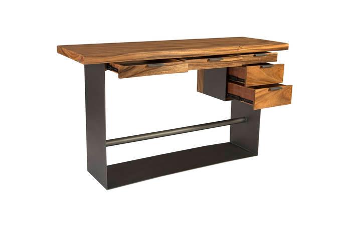Scrivania in piedi con struttura in ferro e cassetti in legno Chamcha, naturale, altezza bar