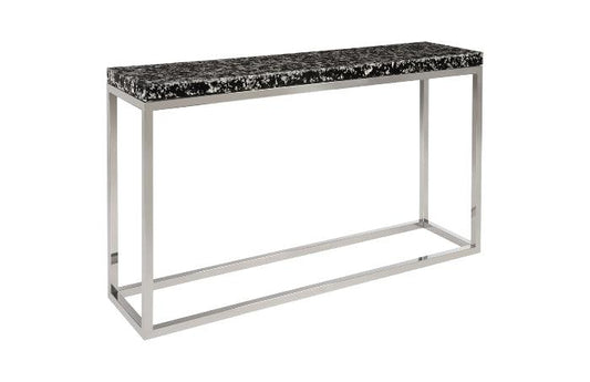 Tavolo consolle in argento smerigliato con base in acciaio inox