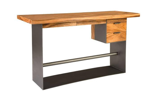 Scrivania in piedi con struttura in ferro e cassetti in legno Chamcha, naturale, altezza bar